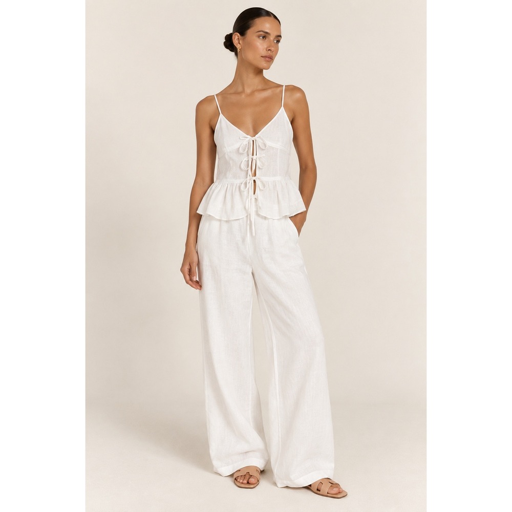 DISSH Mimi White Linen Tie Front Top Size 8 Peplum Italian Summer Resort Boho